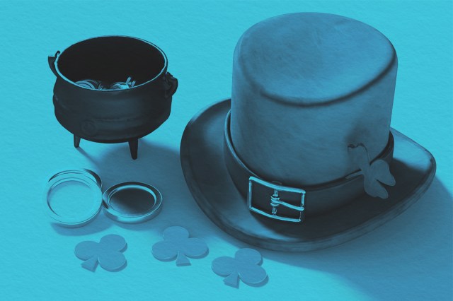 A top hat, pot of gold coins and four leaf clovers.