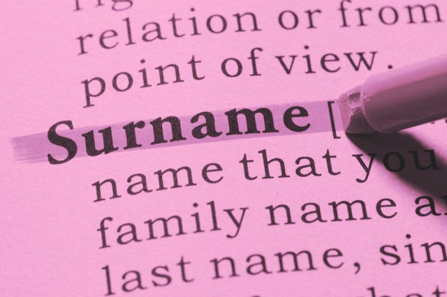 Surname highlighted in dictionary