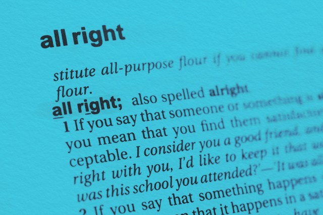 Highlighted English word "all right", in dictionary