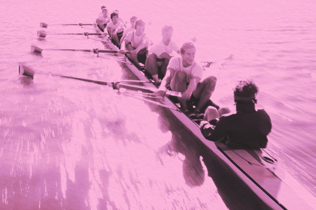 Mens rowing team being lead by the coxswain