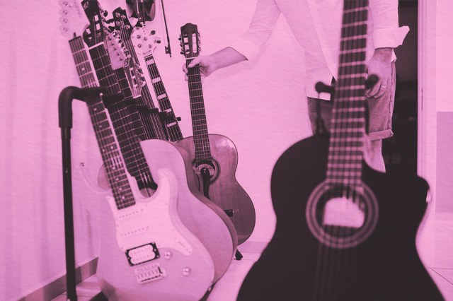 Different types of guitars in a music store