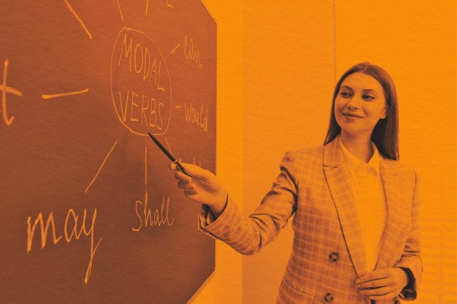English teacher giving lesson on modal verbs on a classroom chalkboard